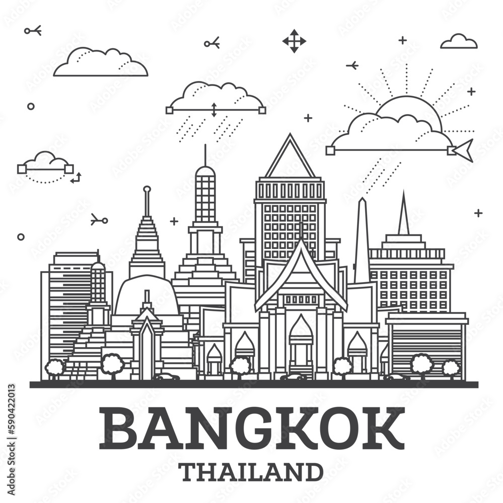 Outline Bangkok Thailand City Skyline with Modern and Historic Buildings Isolated on White. Bangkok Cityscape with Landmarks.