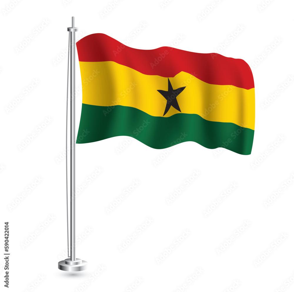 Ghana Flag. Isolated Realistic Wave Flag of Ghana Country on Flagpole. Ghana Flag. Isolated Realistic Wave Flag of Ghana Country on Flagpole.