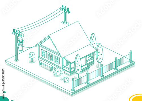 Isometric Small House with Electric Pole and Transformer on It. Electric Energy Distribution Chain. Outline Concept.