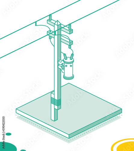 Isometric Electric Pole Supporting High Voltage Power Line. Electric Transformer on Pylon. Outline Concept Isolated on White Background.