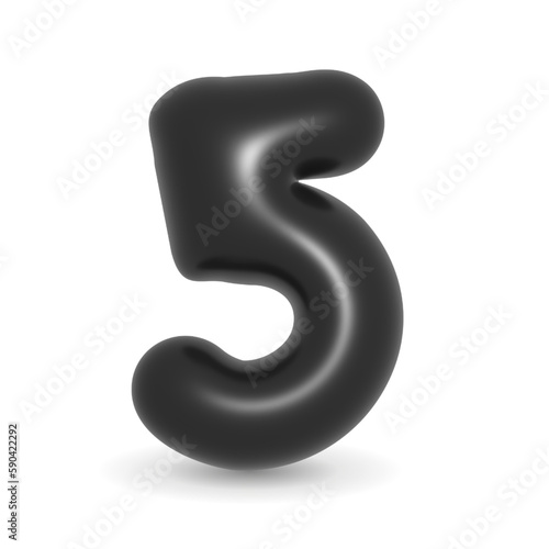 Glossy shiny sparkly black balloon digit number Five symbol design for events. 3d rendered illustration isolated on white background. For Black Friday, Sales and Events.