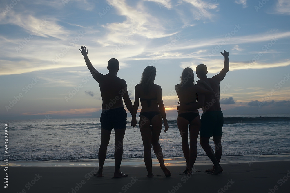 Fototapeta premium two young couples on vacation four people friends, happiness group person
