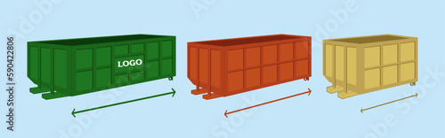 Dumpster vector illustration. Three different-sized isolated containers in various colors