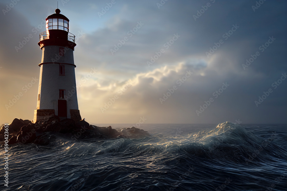 Waves hitting a lighthouse at sunset, seascape with a gloomy sky, dramatic lighting, generative AI