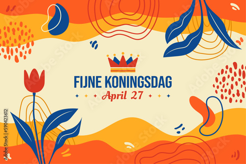 Fijne Koningsdag vector illustration. Happy King's Day April 27. Tulip and Memphis poster design. Amsterdam Netherlands Dutch celebration. Social media post, Greeting card and banner graphic resource