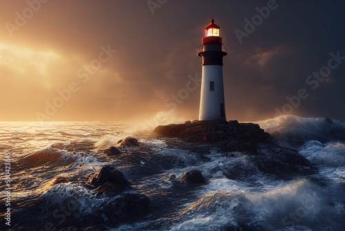 Waves hitting a lighthouse at sunset  seascape with a gloomy sky  dramatic lighting  generative AI