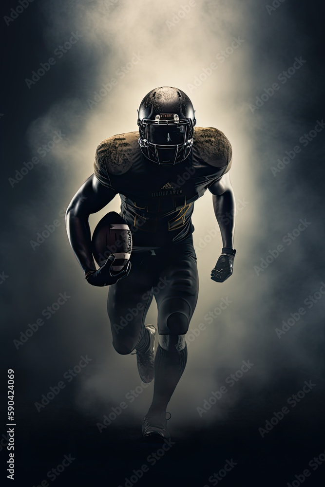 A black american football player running while carrying football. Generative AI