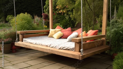 modern garden swingbed with pillow on the soft lap of nature Generative AI photo