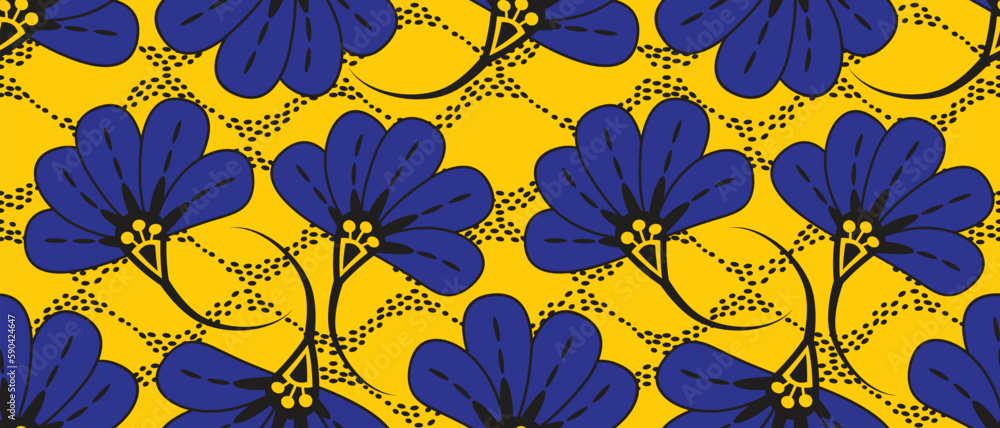 African wax print pattern. seamless beautiful Kitenge chitenge dutch wax and Angara style. fashion design in colorful. blue botanical flower on yellow background. African Wax Print Fabric. Stock Vekto...