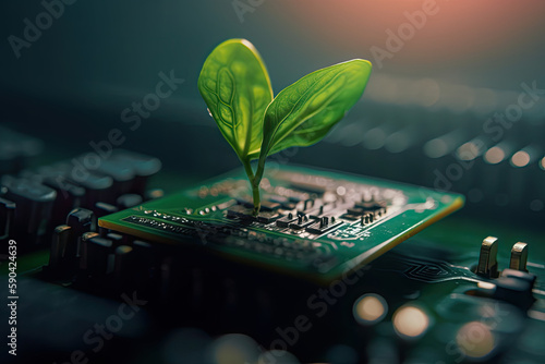 Green sprout on a computer chip. Generative AI