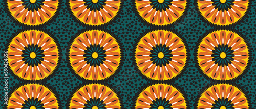 African ethnic traditional green pattern. seamless beautiful Kitenge, chitenge,Ankara style. fashion design in colorful. Geometric circle abstract motif. Floral Ankara prints, African wax prints