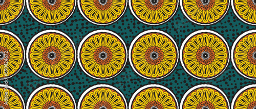 African ethnic traditional green pattern. seamless beautiful Kitenge, chitenge,Ankara style. fashion design in colorful. Geometric circle abstract motif. Floral Ankara prints, African wax prints