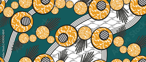 African ethnic traditional green pattern. seamless beautiful Kitenge, chitenge, Ankara style. fashion design in colorful. Geometric circle abstract motif. Curvy wave line, African wax prints