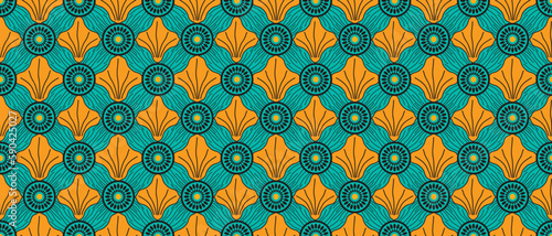 African ethnic traditional green and orange geometric patterns. seamless beautiful Kitenge,chitenge,Ankara style. fashion design in colorful. Geometric abstract motif. Ankara prints, African wax print