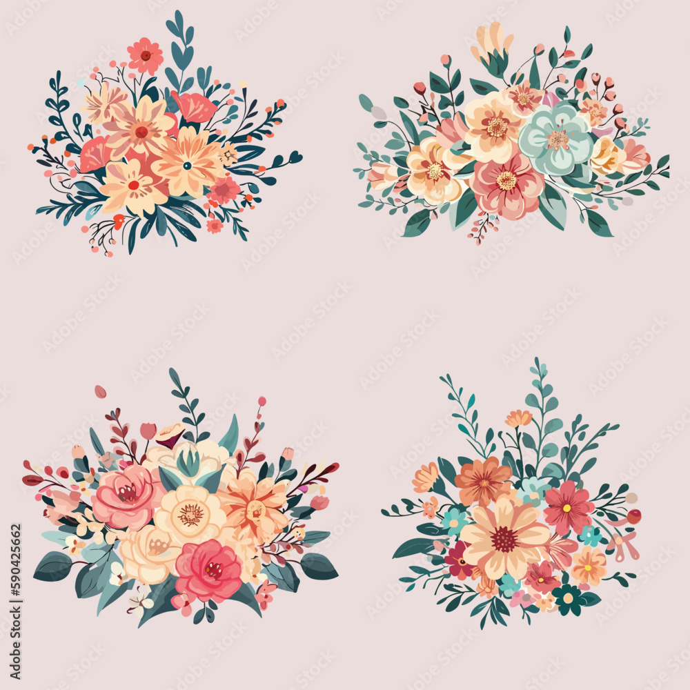 floral elements set. Different types of flowers. Floral poster, invite. Vector arrangements for greeting card or invitation design