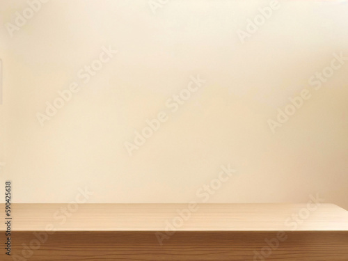 Empty top wooden shelves and wall background.
