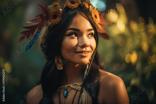 A woman with a native american headdress and feathers on her head looks into the camera. Generative Ai