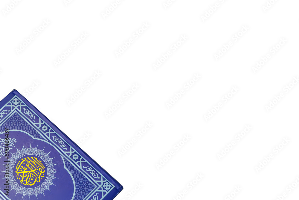 Holy Al Quran with written arabic calligraphy on white background with copy space Holy Al Quran with written arabic calligraphy on white background with copy space