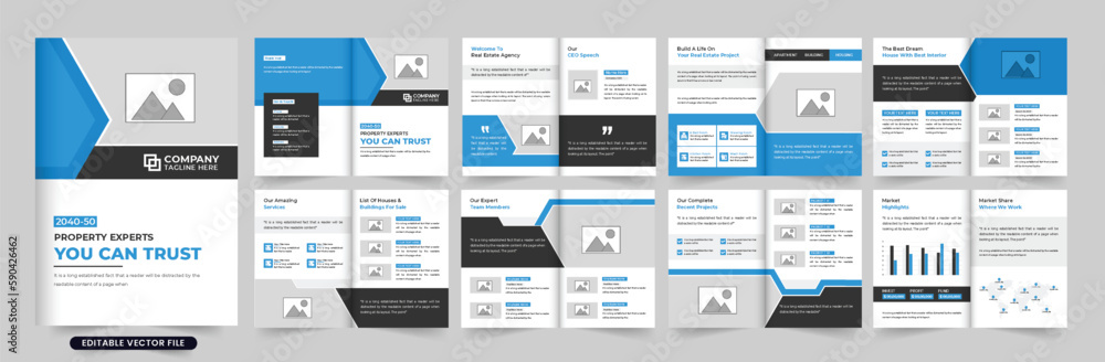 House sale promotional magazine template vector with blue and dark colors. Modern real estate agency portfolio booklet layout design with blue and dark colors. Home selling business brochure vector.