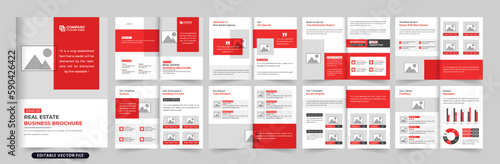 Creative home selling brochure template vector with red and dark colors. Real estate business magazine layout design with photo placeholders. House selling agency booklet design for marketing.