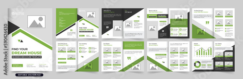 Creative real estate magazine template vector with green and dark colors. Home selling business promotional booklet layout design with photo placeholders. House-selling real estate agency brochure.