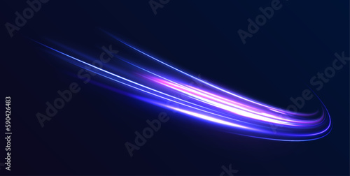 Luminous bright background. High speed effect motion blur night lights blue and red. Magic shining neon light line trails. Purple glowing wave swirl, impulse cable lines. Long time exposure. Vector	