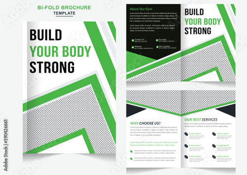 Modern Gym Bifold Brochure design with multiple  color abstract shapes and itness company profile design template photo