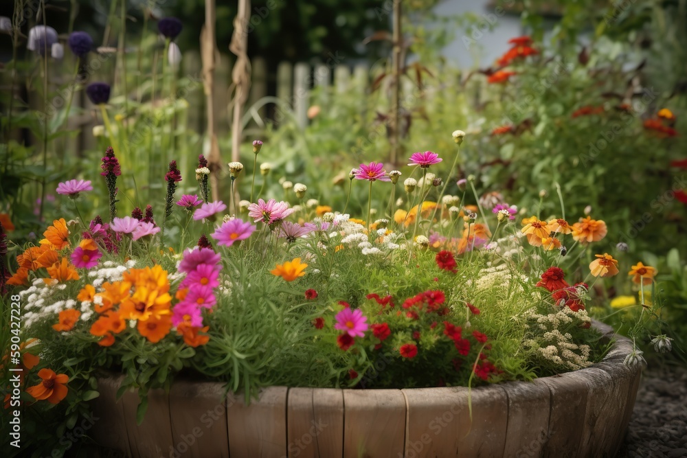 Fototapeta premium garden with a mix of plants that attract pollina, with a mix of wildflowers for a natural area. garden with a mix of plants with interesting bark with a small gree, generative artificial intelligence