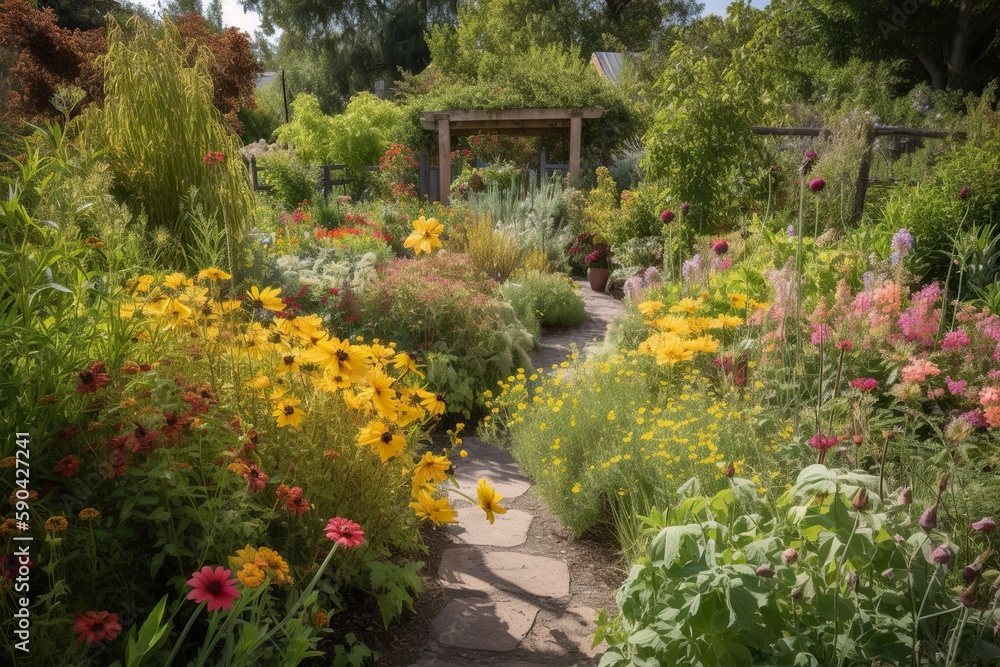 Naklejka premium garden with a mix of plants that attract pollina, with a mix of wildflowers for a natural area. garden with a mix of plants with interesting bark with a small gree, generative artificial intelligence