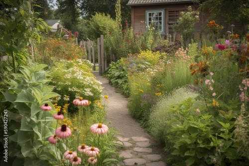 garden with a mix of plants that attract pollina, with a mix of wildflowers for a natural area. garden with a mix of plants with interesting bark with a small gree, generative artificial intelligence