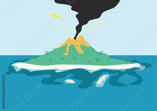 Volcanic Eruption in an island. Editable Clip Art.
