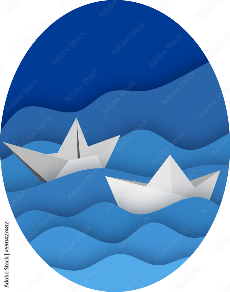 Paper ship on the waves, background, postcard, invitation, for printing. In the style of pipercut Paper ship on the waves, background, postcard, invitation, for printing. In the style of pipercut