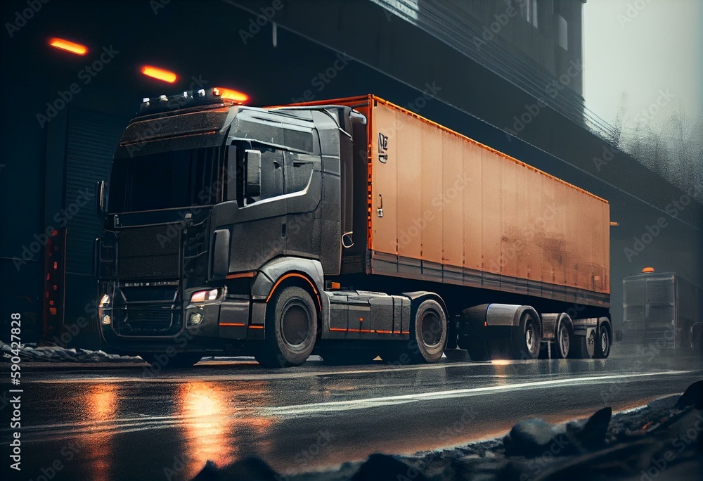 Cargo truck moving on road. Concept: cargo road transportation, truck delivery, moving, logistics theme, logo free. Generative AI