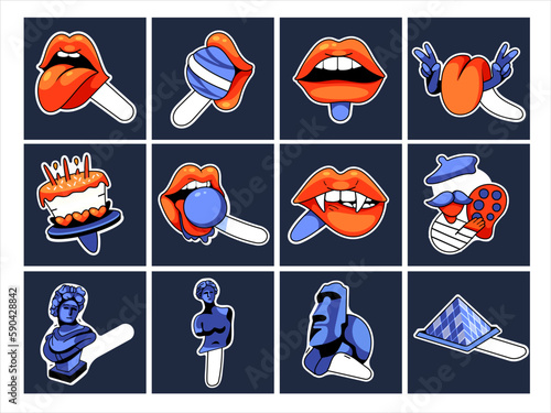 Set of vector stickers of lollipop. Lips, fangs, tongue, kiss, cake, Louvre, Easter Island, Venus, etc.