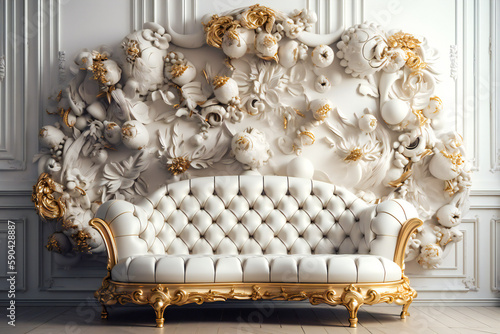 Richly decorated baroque fantasy white furniture. Created with Generative AI technology. photo