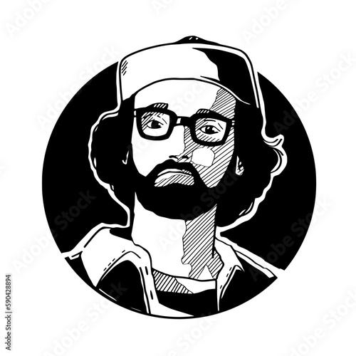 vector illustration of a man with long hair in black.