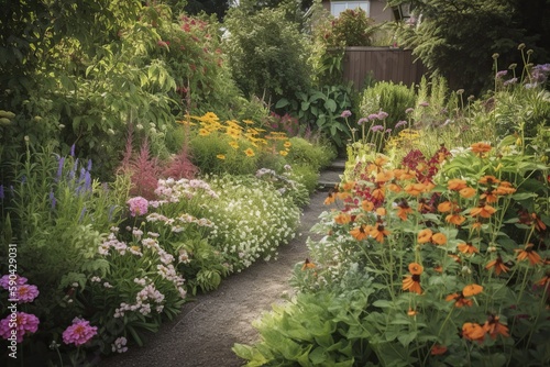 garden with a mix of plants that attract pollina, with a mix of wildflowers for a natural area. garden with a mix of plants with interesting bark with a small gree, generative artificial intelligence