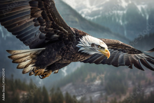 A bald eagle in flight in nature. Created with Generative AI technology. © Adrian Grosu