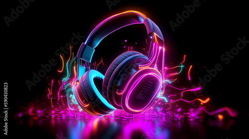 Neon glowing headphones electro house music cover album