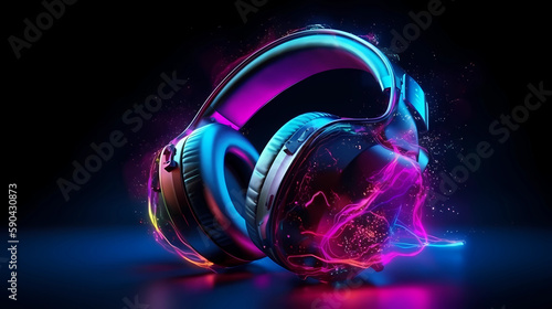Neon glowing headphones electro house music cover album