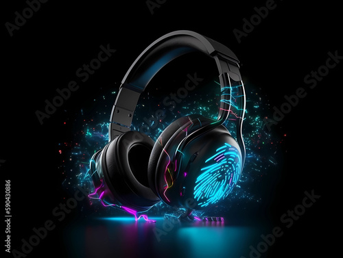 Neon glowing headphones electro house music cover album