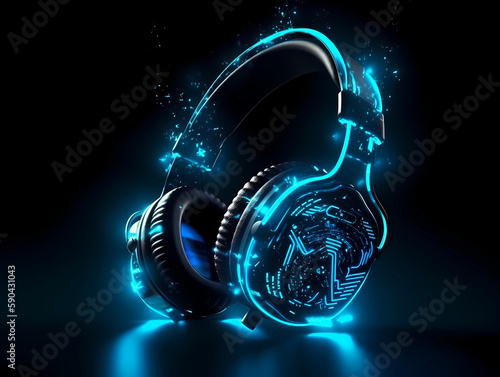 Neon glowing headphones electro house music cover album