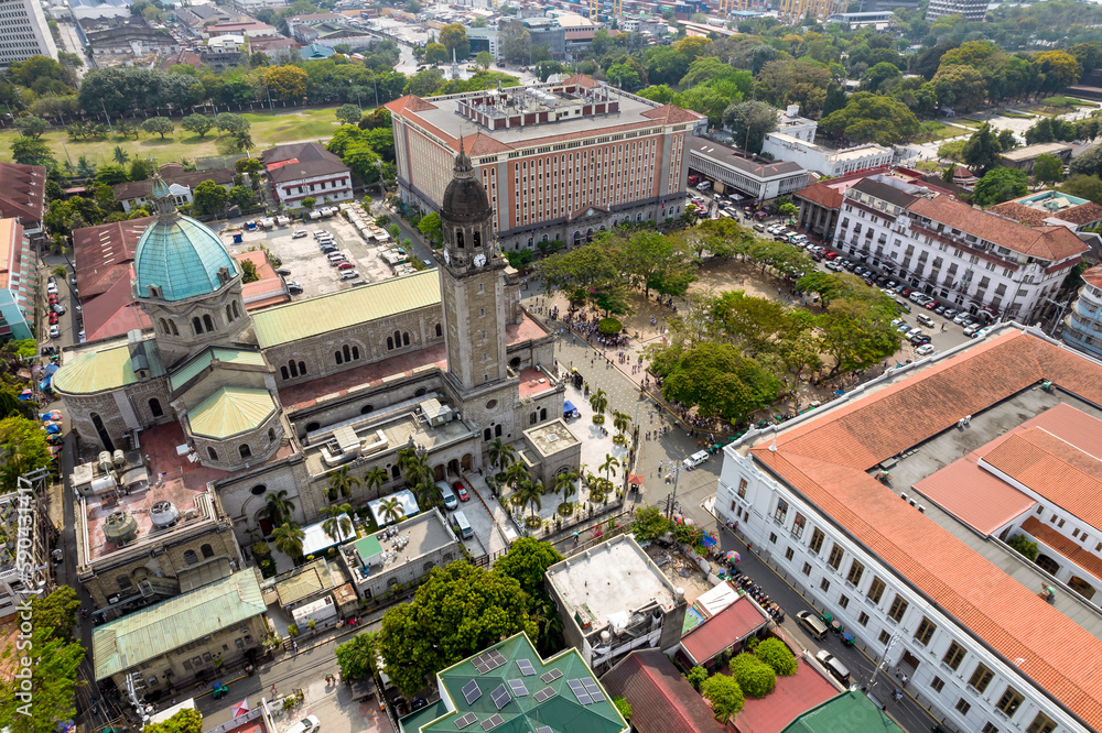 Manila, Philippines - Looking down at Manila Cathedral, Plaza Roman, Palacio del Gobernador and Ayuntamiento de Manila, landmarks in Intramuros.