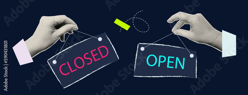 Open, closed, halftone collage. A woman's hand holds a hanging sign, a message. Bulletin board at the entrance. Chalk frame, label, Welcome or Sorry we are closed. Vector banner. Contemporary cool art