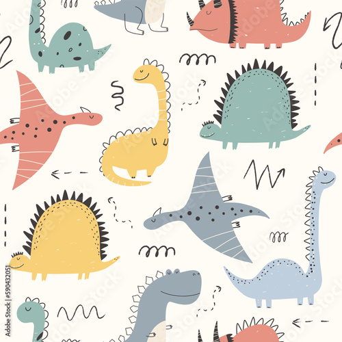 Vector hand-drawn seamless childish pattern with cute dinosaurs. Kids texture for fabric, wrapping, textile, wallpaper, apparel. Dino. Scandinavian style