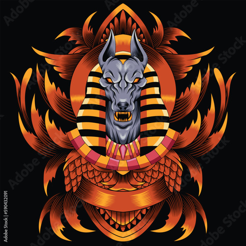 anubis illustration with baroque ornament