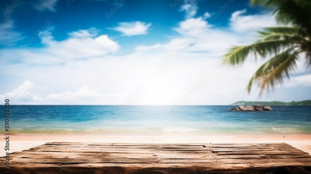 Empty wooden desk or wooden floor space and summer sea side sunny day on background. Product display montage. template web site design