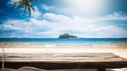 Empty wooden desk or wooden floor space and summer sea side sunny day on background. Product display montage. template web site design © benjawan
