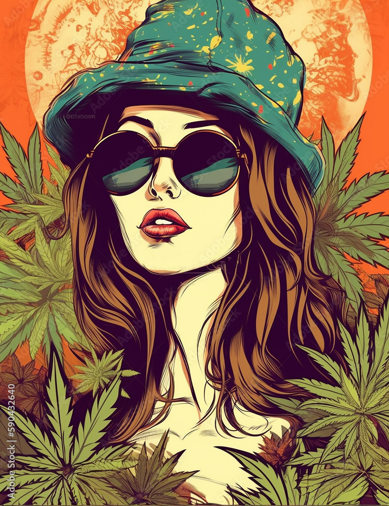 Stoner girl, weed plants on backgrounds. Generative AI Stock Illustration