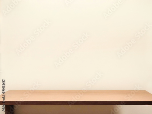 Empty top wooden shelves and wall background.